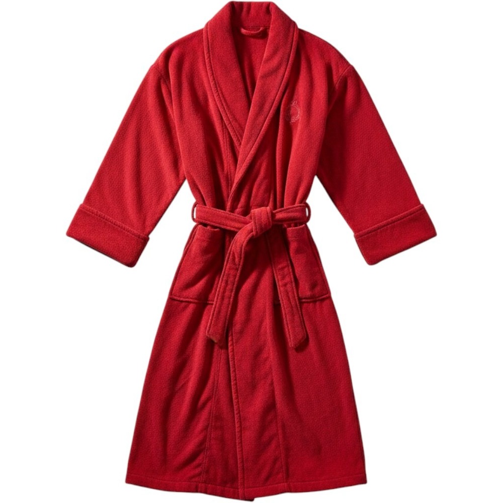 TJ Lawford Red Turkish Cotton Terry Cloth Robe Shawl Collar Crest Loungewear S/M